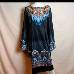 Black Mixed Print Flare Sleeve Scoop Neck Midi Dress